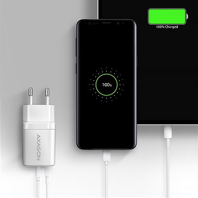 AXAGON ACU-PQ30W, Sil nabíječka do sítě 30W, 2x port (USB-A + USB-C), PD3.0/PPS/QC4+/SFC/AFC/Apple, bílá