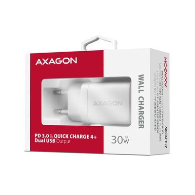 AXAGON ACU-PQ30W, Sil nabíječka do sítě 30W, 2x port (USB-A + USB-C), PD3.0/PPS/QC4+/SFC/AFC/Apple, bílá