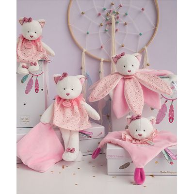 Doudou Dárková sada - plyšový muchláček růžová kočka 20 cm