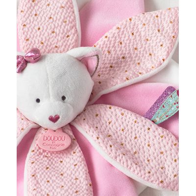 Doudou Dárková sada - plyšový muchláček růžová kočka 26 cm