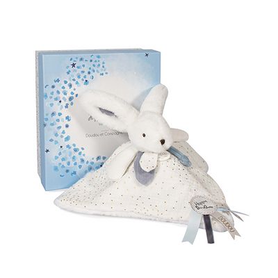 Doudou Dárková sada modrá - králíček s čtvercovou dečkou 25 cm
