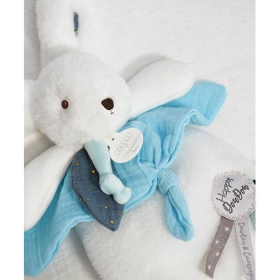 Doudou Dárková sada - Plyšový králíček s muchláčkem 25 cm modrá