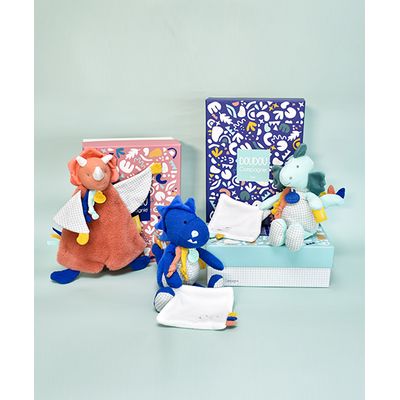 Doudou Dárková sada - Plyšový dinosaurus s dečkou 25 cm modrý