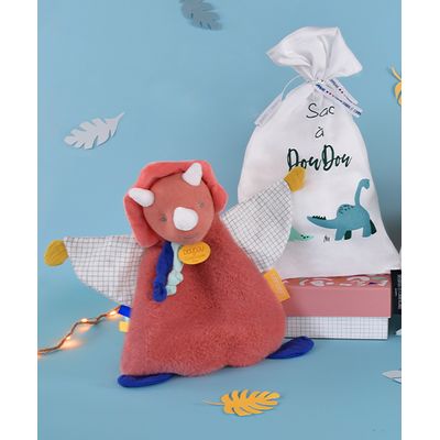 Doudou Dárková sada - Hračka s úchytem na dudlík dinosaurus růžový 23 cm