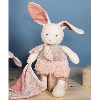 Doudou Dárková sada - Plyšový Ecru králiček s růžovou dečkou z  BIO bavlny 22 cm
