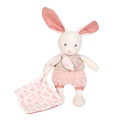 Doudou Dárková sada - Plyšový Ecru králiček s růžovou dečkou z  BIO bavlny 22 cm