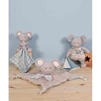 Doudou Dárková sada - Plyšová myška s dečkou z  BIO bavlny 15 cm zeleno-bílá