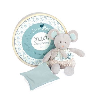 Doudou Dárková sada -  Plyšová myška s dečkou z  BIO bavlny 22 cm