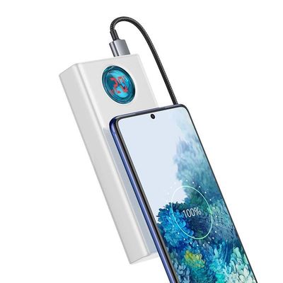 Baseus Amblight powerbanka s digitálním displejem QC 30000mAh Overseas Edition + kabel Type-C/Type-C 65W 1m, bílá