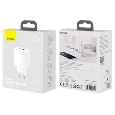 Baseus kompaktní rychlonabíjecí adaptér USB-A + Type-C 20W EU, bílá