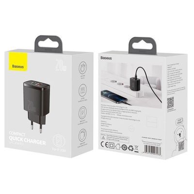 Baseus kompaktní rychlonabíjecí adaptér USB-A + Type-C 20W EU, černá