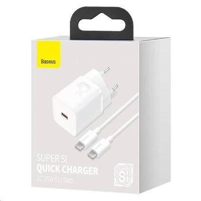 Baseus Super Si rychlonabíječka 1C 25W EU + kabel USB-C/USB-C 3A 1m bílá
