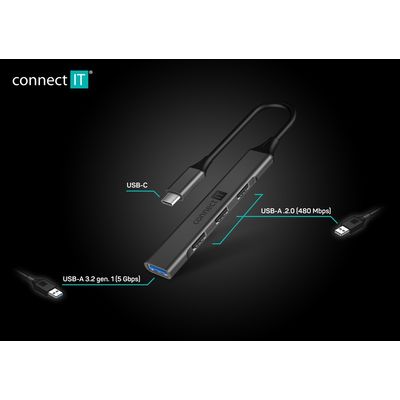 Connect IT USB-C hub, (1xUSB-A 3.0, 3xUSB-A 2.0), externí, antracitový