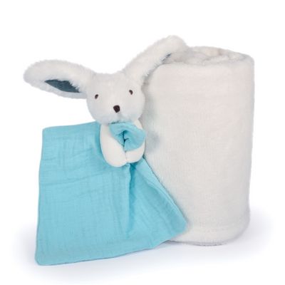 Doudou Dárková sada šťastný králíček pléd a modrý muchláček