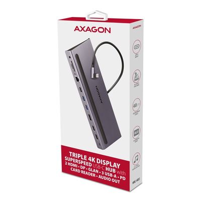 AXAGON HMC-4KX3 USB 5Gbps hub, 3x USB-A, 2x HDMI, DP