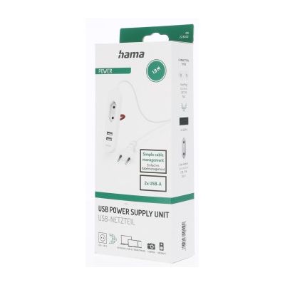 Hama síťová nabíječka s prodlužovacím kabelem, 2x USB-A, 1x el. zásuvka Euro, 1,9 m