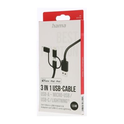 Hama USB kabel 3v1: micro USB, USB-C, Lightning, 1,5 m
