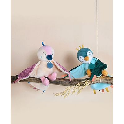 Doudou Dárková sada - hudební plyšová hračka ptáček růžový 23 cm