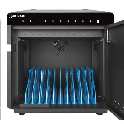 MANHATTAN stolní nabíjecí skříň - 10 portů, 180 W, přepěťová ochrana, tichá ventilace, kovové pouzdro, černá