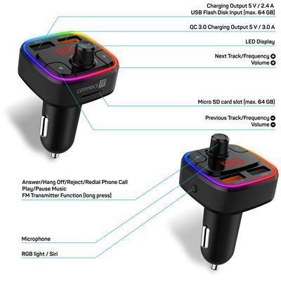 CONNECT IT CarRGB Bezdrátový FM transmitter, 2xUSB+MicroSD, ČERNÝ