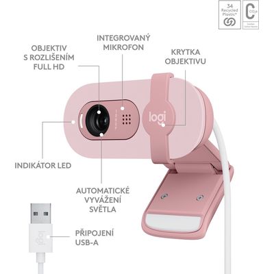 Logitech Brio 100 Full HD Webcamera, růžová