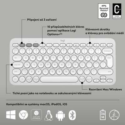 Logitech Pebble Keys 2 K380s, US, bezdrátová klávesnice, bílá