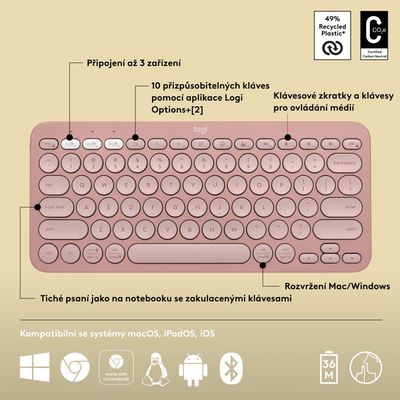Logitech Pebble Keys 2 K380s, US, bezdrátová klávesnice, růžová