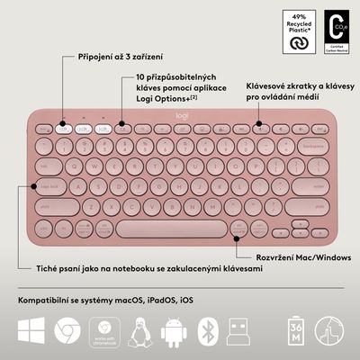 Logitech Pebble 2 Combo, bezdrátová klávesnice a myš, růžová