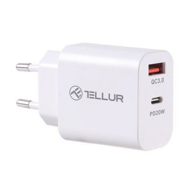 Tellur PDHC101 síťová dvouportová USB nabíječka, PD 20W + QC3.0 18W, bílá