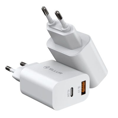 Tellur PDHC101 síťová dvouportová USB nabíječka, PD 20W + QC3.0 18W, bílá