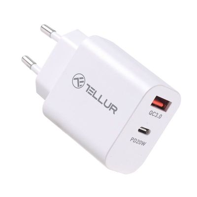 Tellur PDHC101 síťová dvouportová USB nabíječka, PD 20W + QC3.0 18W, bílá