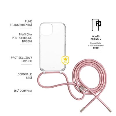 Pouzdro FIXED Pure Neck s růžovou šňůrkou na krk pro Apple iPhone 15 Pro Max