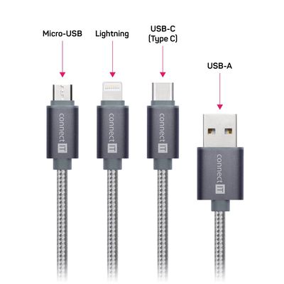 Connect IT Wirez 3in1 USB-C & microUSB & Lightning, silver gray, 1,2m