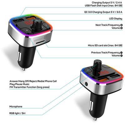 CONNECT IT CarRGB Bezdrátový FM transmitter, 2xUSB+MicroSD, STŘÍBRNÝ