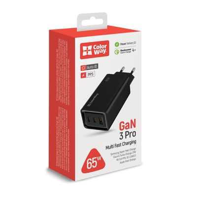 ColorWay USB nabíječka 1x USB-A, 2x USB-C/ 65W GaN3 Pro, černá