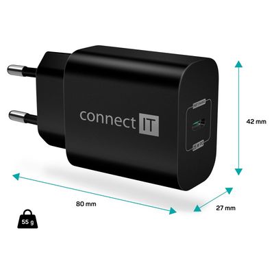 CONNECT IT Voyager2 nabíjecí adaptér 1×USB-C, 25W PD, černá