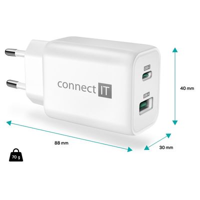 CONNECT IT Wanderer2 GaN nabíjecí adaptér 1×USB-C + 1xUSB-A, 33W PD, bílá