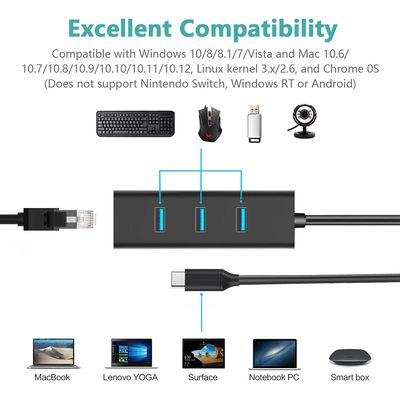 PremiumCord Adapter USB-C na Gigabit 10/100/1000Mbps + 3x USB3.0 konektor