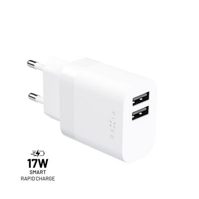 Síťová nabíječka FIXED s 2xUSB výstupem, 17W Smart Rapid Charge, bílá