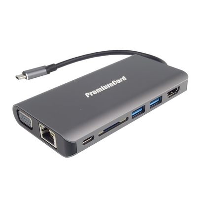 PremiumCord Převodník USB-C na HDMI+VGA+RJ45+2xUSB3.0+SD card +3,5mm+PD charge