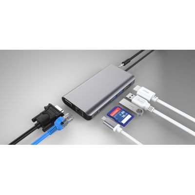 PremiumCord Převodník USB-C na HDMI+VGA+RJ45+2xUSB3.0+SD card +3,5mm+PD charge
