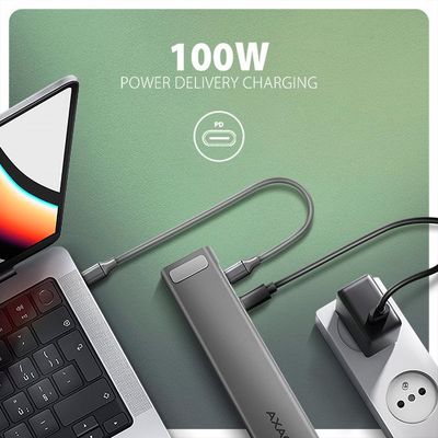 AXAGON HMC-10HLS, USB 5Gbps hub, 4x USB-A, HDMI 4k/60Hz, RJ-45 GLAN, SD/mSD, PD 100W