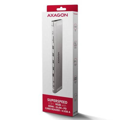 AXAGON HMC-10HLS, USB 5Gbps hub, 4x USB-A, HDMI 4k/60Hz, RJ-45 GLAN, SD/mSD, PD 100W