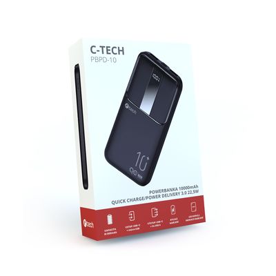 C-tech Powerbanka 10000mAh, Li-Pol, 22,5W, USB-C/USB-A/micro USB