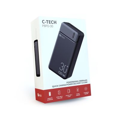 Powerbanka C-tech 30000mAh, Li-Pol, 20W, USB-C/USB-A/micro USB