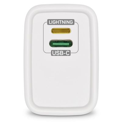 CONNECT IT DUPLEX Nabíjecí adaptér 1xLightning + 1×USB-C, 20W, kabel 27W, BÍLÝ