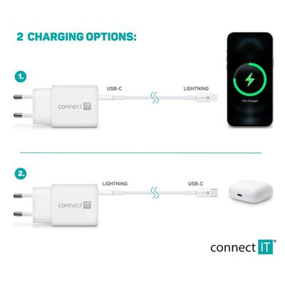 CONNECT IT DUPLEX Nabíjecí adaptér 1xLightning + 1×USB-C, 20W, kabel 27W, BÍLÝ
