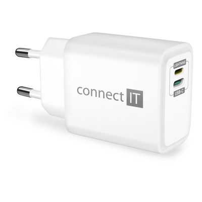 CONNECT IT DUPLEX Nabíjecí adaptér 1xLightning + 1×USB-C, 20W, kabel 27W, BÍLÝ