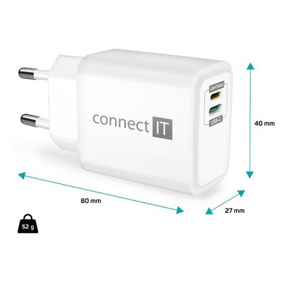 CONNECT IT DUPLEX Nabíjecí adaptér 1xLightning + 1×USB-C, 20W, kabel 27W, BÍLÝ