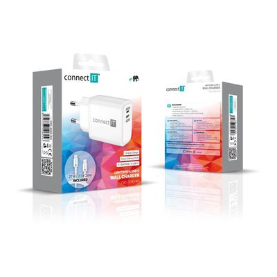 CONNECT IT DUPLEX Nabíjecí adaptér 1xLightning + 1×USB-C, 20W, kabel 27W, BÍLÝ